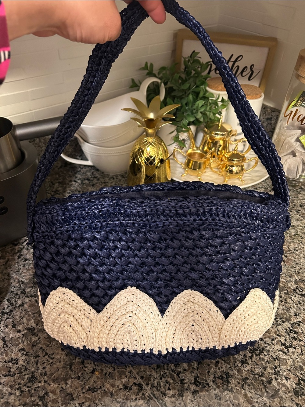 Walborg Navy and Cream Crochet Shoulder Bag